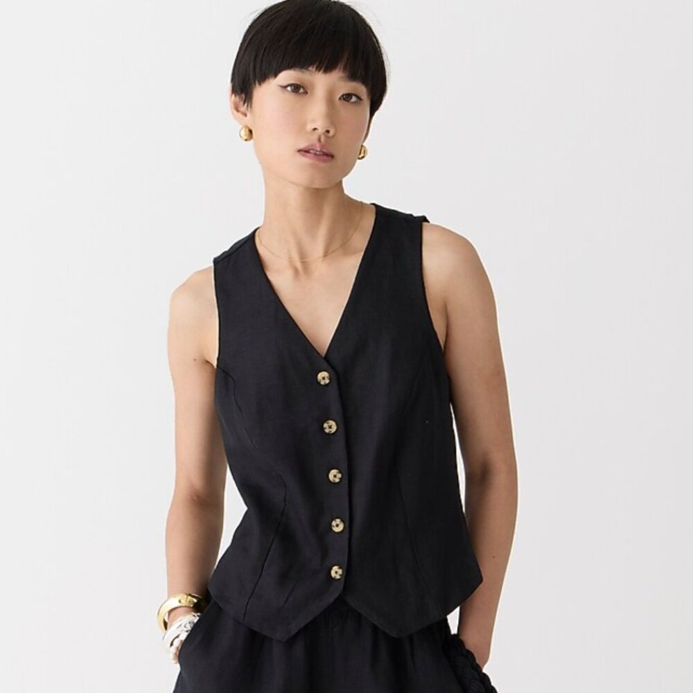 J Crew Black 100% Linen Button Down  Tailored Waist Coat Vest 8 Like New